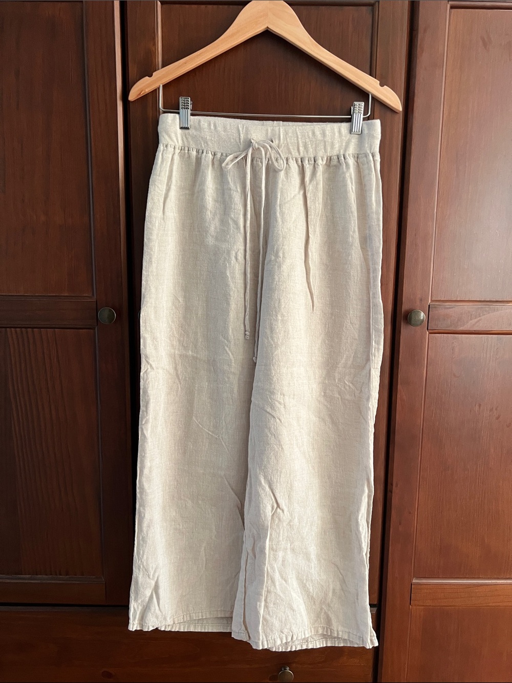 NVELOP 100% Linen Wide Leg Drawstring Pants Cream Tan Size M USA